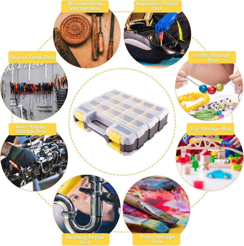 AIDY-PRO Hardware Organizer Box 34 Compartments Small Parts Organizer with Removable Dividers Durable Plastic Double Side Tools Box Screw Organizer For Nuts, Bolts, Screws, Nails, Small Hardware (Yellow) - Image 4